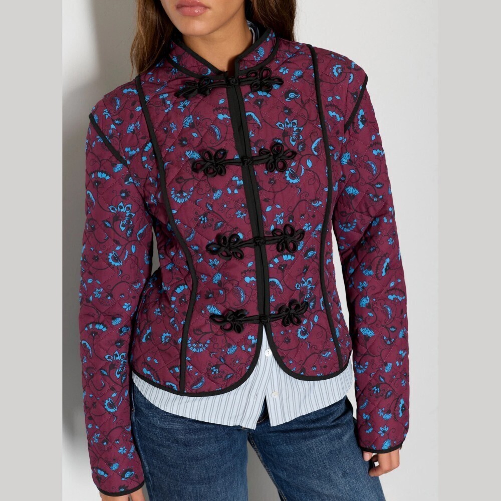 Burgundy / Blue Floral Quilted Frog Closure Stand Collar Short Jacket